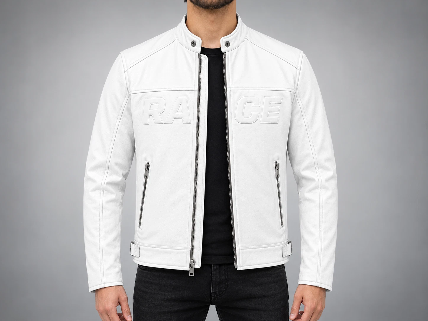 Men's White Leather Racing Biker Jacket – Modern Cafe Racer Style image 3