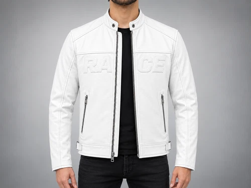 Men's White Leather Racing Biker Jacket – Modern Cafe Racer Style image 3