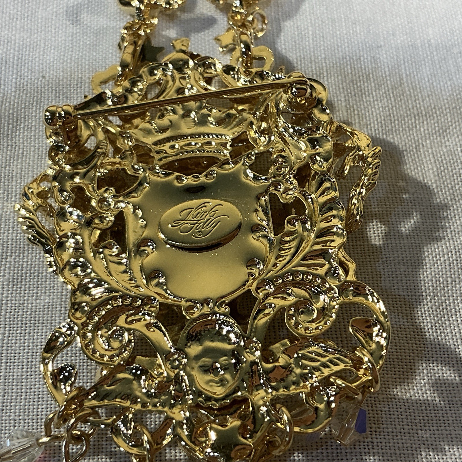 Kirks Folly QVC Medieval Gold Tone AB Crystal Heart Dangle Pin Brooch Necklace