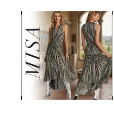 MISA Los Angeles Metallic Twist Front Ruched Midi Dress Gold Black XL New