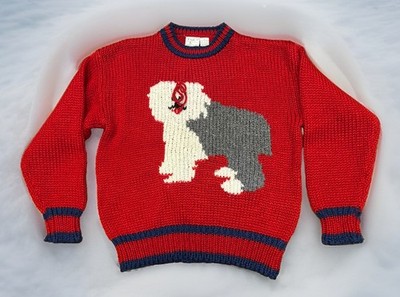 Vtg Far And Near Women's Red & Blue Sweater L Large Chunky Knit White Grey Dog