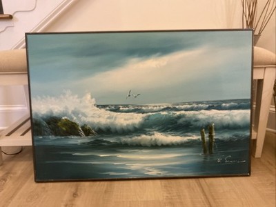 K. Samuel Large Painting on Canvas Ocean Sea Waves Seagulls Blue 36'' x 24''