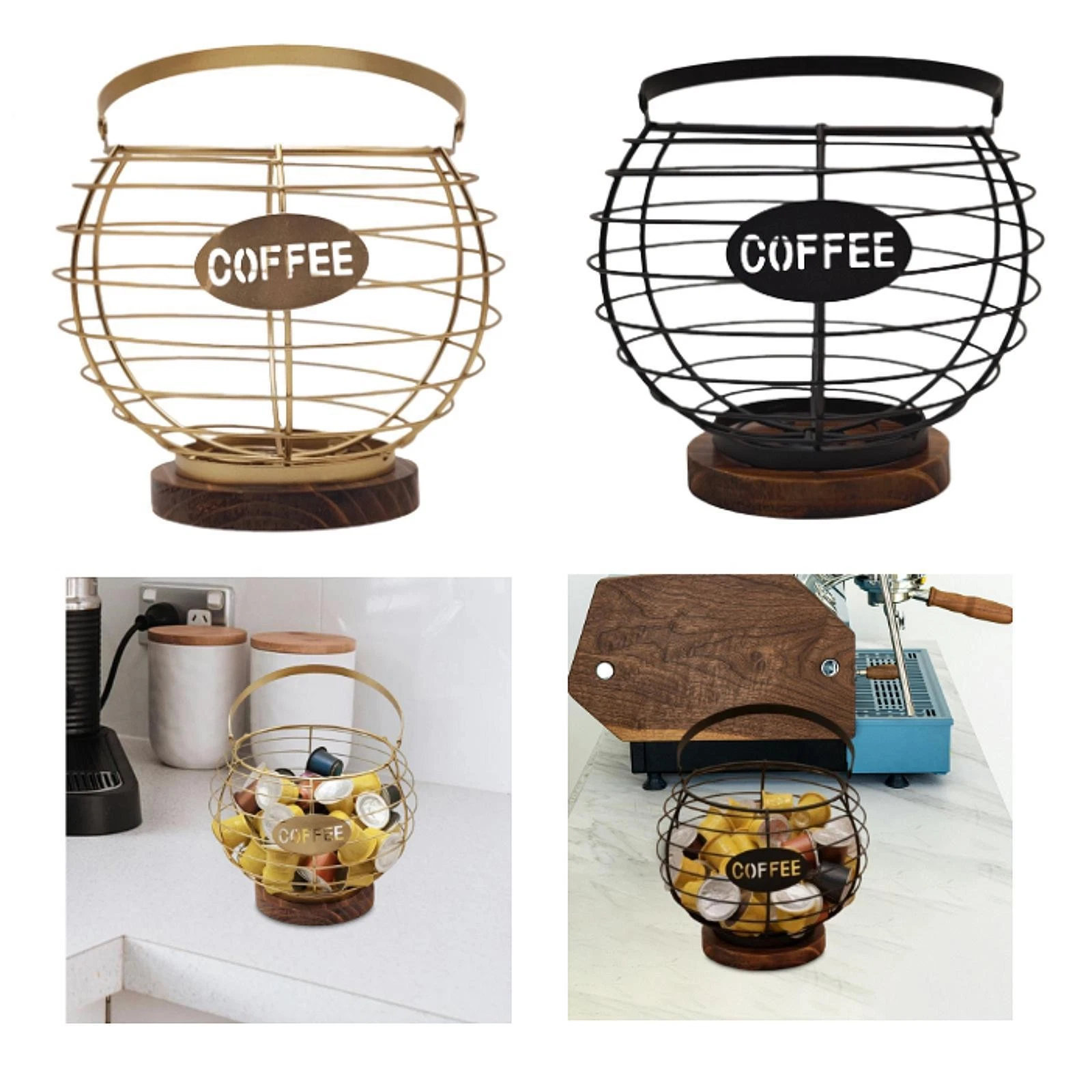 Coffee Pod Holder Organizer Cage Kitchen Countertop Iron Multipurpose Wooden