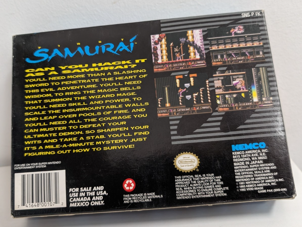 ★78.com★① First Samurai Super Nintendo SNES Complete in Box Authentic Kemko