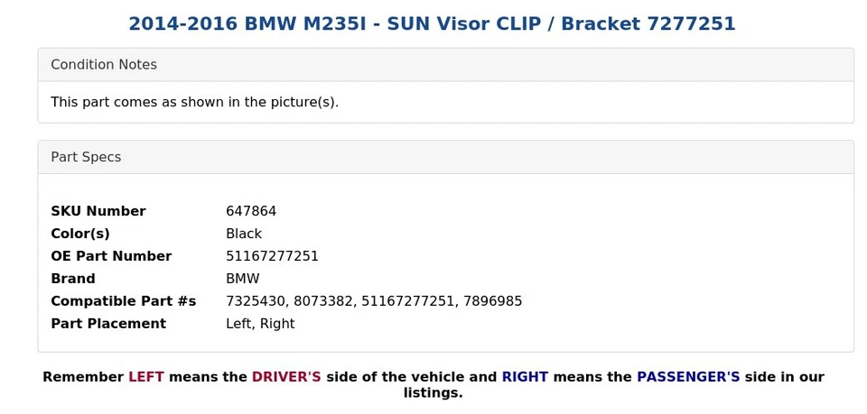 2014-2016 BMW M235I - солнце козырек зажим / кронштейн 7277251 - Изображение 3 из 3