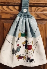Double hanging Kitchen  towel winter Xmas dogs animal crocheted blue Top