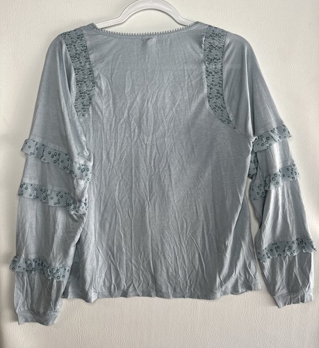 ANTHROPOLOGIE x TINY Frances Long Sleeve Ruffled Flutter Top Blue Motif Sz Small - Picture 7 of 13