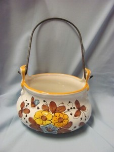 Ceramic Hand Painted Gold & Blue Flowers Planter Removable Hanger Italy Signed