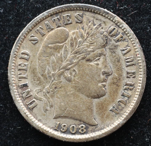 KAPPYSCOINS  G6776 1908 BARBER DIME ORIGINAL TONED CH AU