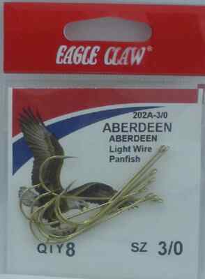 Eagle Claw 202A-3/0 Gold Aberdeen Hooks Size 3/0 8CT