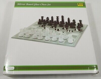 15 Black and Frosted Glass Chess Set with Mirror Board