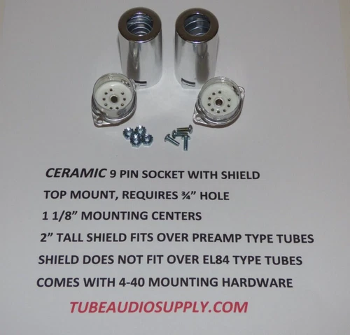 CERAMIC 9 PIN tube socket with shield, top mount, fits 3/4" HOLE,  SET OF 2