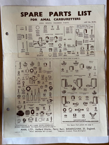 Spare Parts List for Amal Carburetters No. 351(R) - Picture 1 of 1