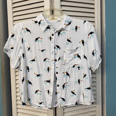 LOVE NOTES Women s M Medium Shirt Top Blouse Toucan Print White Crop Button