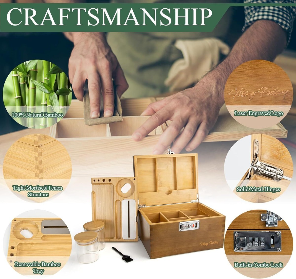 Viking Factory Large Bamboo Box Tray Set with Combination Lock
