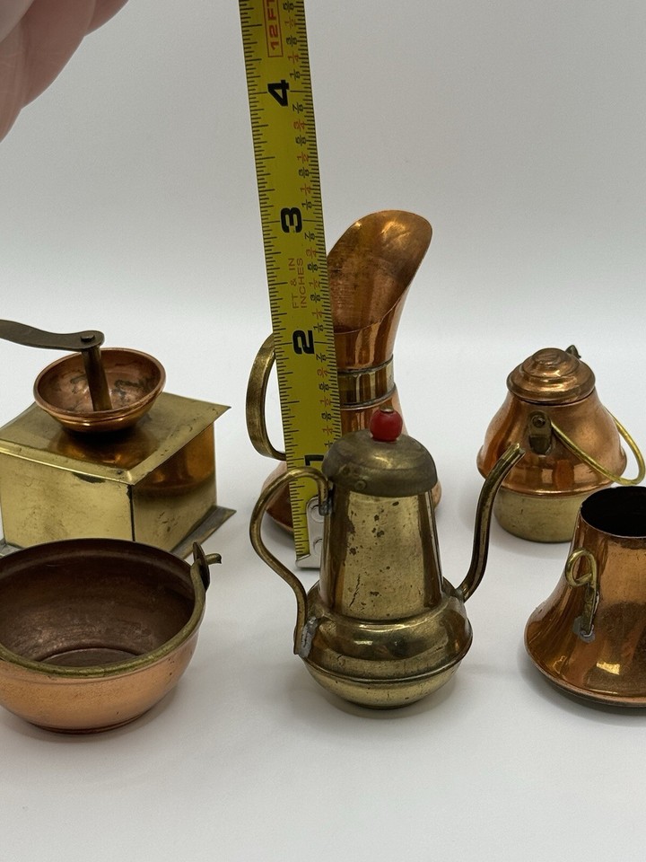 Vintage Brass Copper Miniature Kitchen Decor Kettles Pitchers Pots