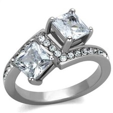 Double solitaire ring princess cut squares silver ladies cubic zirconia