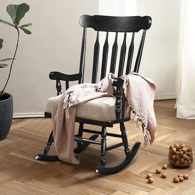 #ad Solid Wood Rocking Chair Patio Rocker Chair High Back for Indoor Outdoor Balcony $88.00
