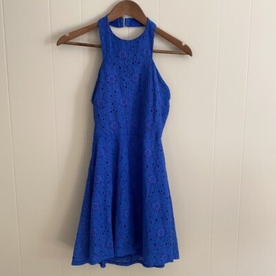Dee Elle Royal Blue Crochet Halter Dress With Open Back & Fitted Bodice Size S