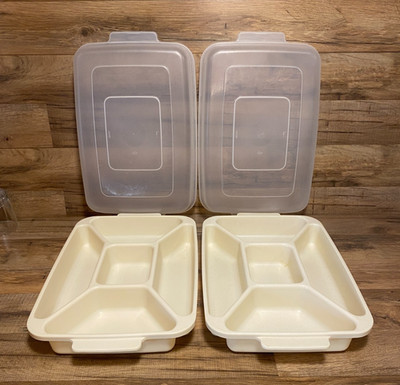 2 - RUBBERMAID SERVIN SAVERS 0833 DIVIDED VEGETABLE SERVING TRAYS & LIDS  ALMOND