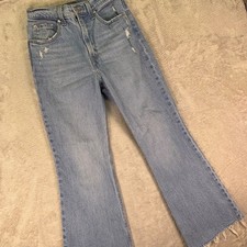 Levi's Premium Women's 70s High Flare Jeans Size 25 Blue Distressed Raw Hem