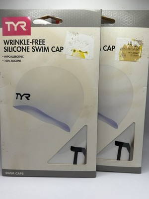 Lot of 2 TYR Wrinkle-Free Silicone Swim Caps Adult Size White Hypoallergenic