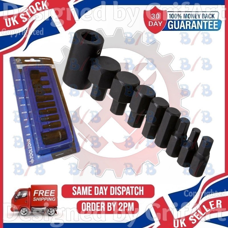 9PC METRIC 1/2"" DRIVE MALE IMPACT HEX SOCKET BIT SET ALLEN KEY H6-H19 & HOLDER
