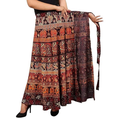 Womens Jaipuri Wrap Around Cotton Printed Maxi Skirt, Multicolor, Pack of 1