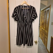 SHEIN Curve Black White Striped V-Neck Flutter Sleeve Wrap Dress 0XL Plus Size