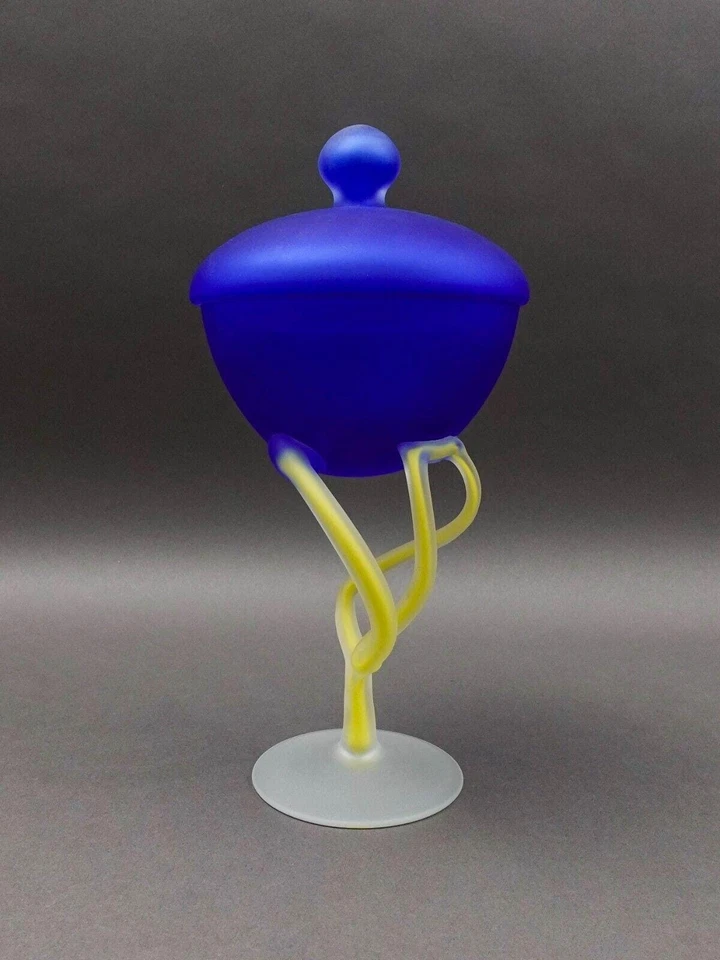 Josefina Krosno Poland Jelly Fish Blue & Yellow Art Glass Compote Bowl Sculpture - Image 4 of 4