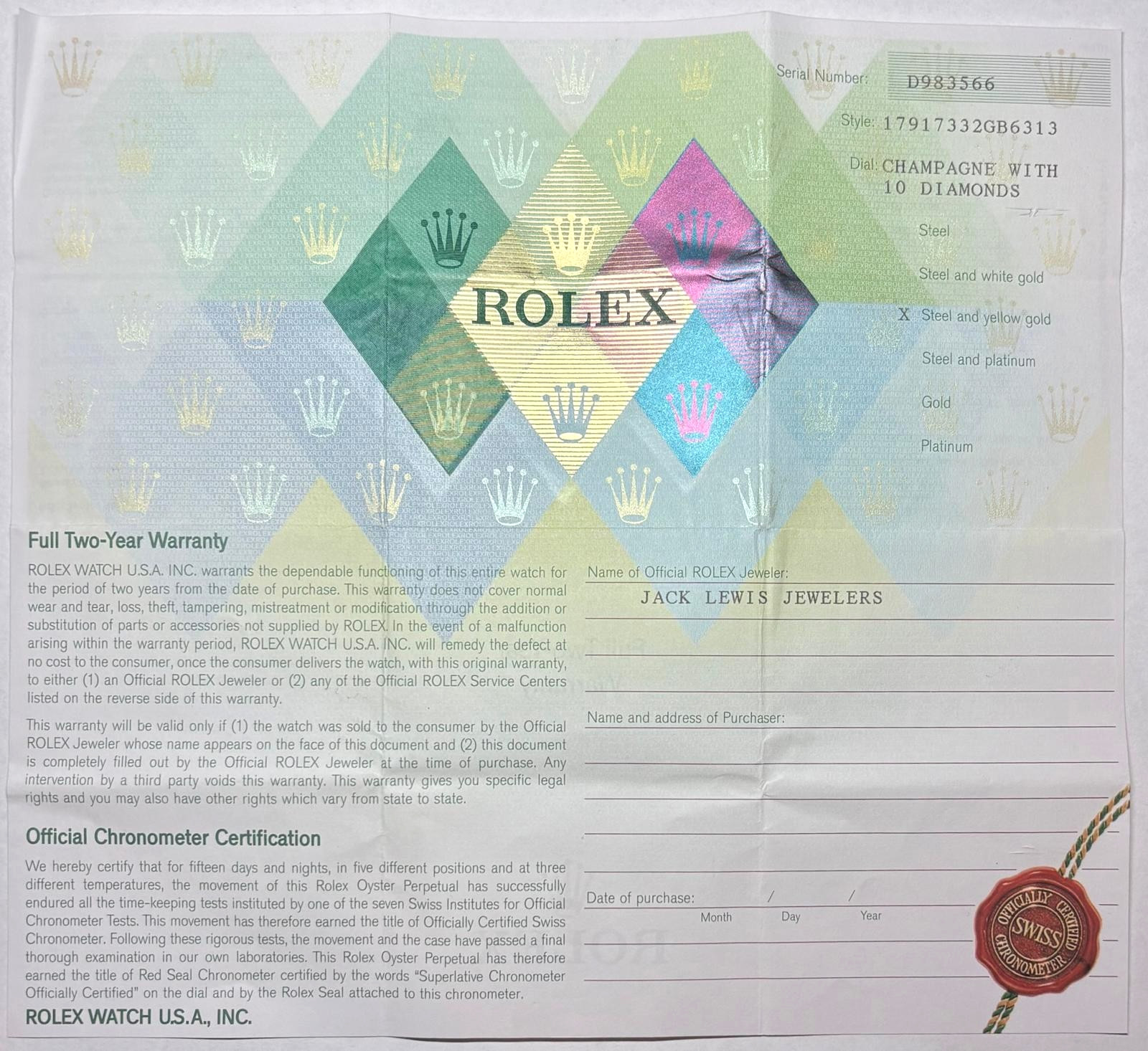 Rolex 179173 Lady-Datejust Certificato di Garanzia D Serial Cert OEM
