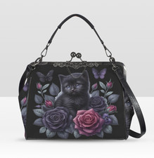 Victorian Gothic Black Kitten Rose Spring Colors Shoulder Cross Body Bag Satchel