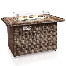 SereneLife Outdoor Propane Gas Fire Pit Table - 50,000 BTU Rectangle Wicker Gas