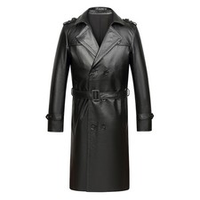 New Genuine Leather Jacket Men's Long  Windbreaker Belt Suit Collar Jacket Coat 