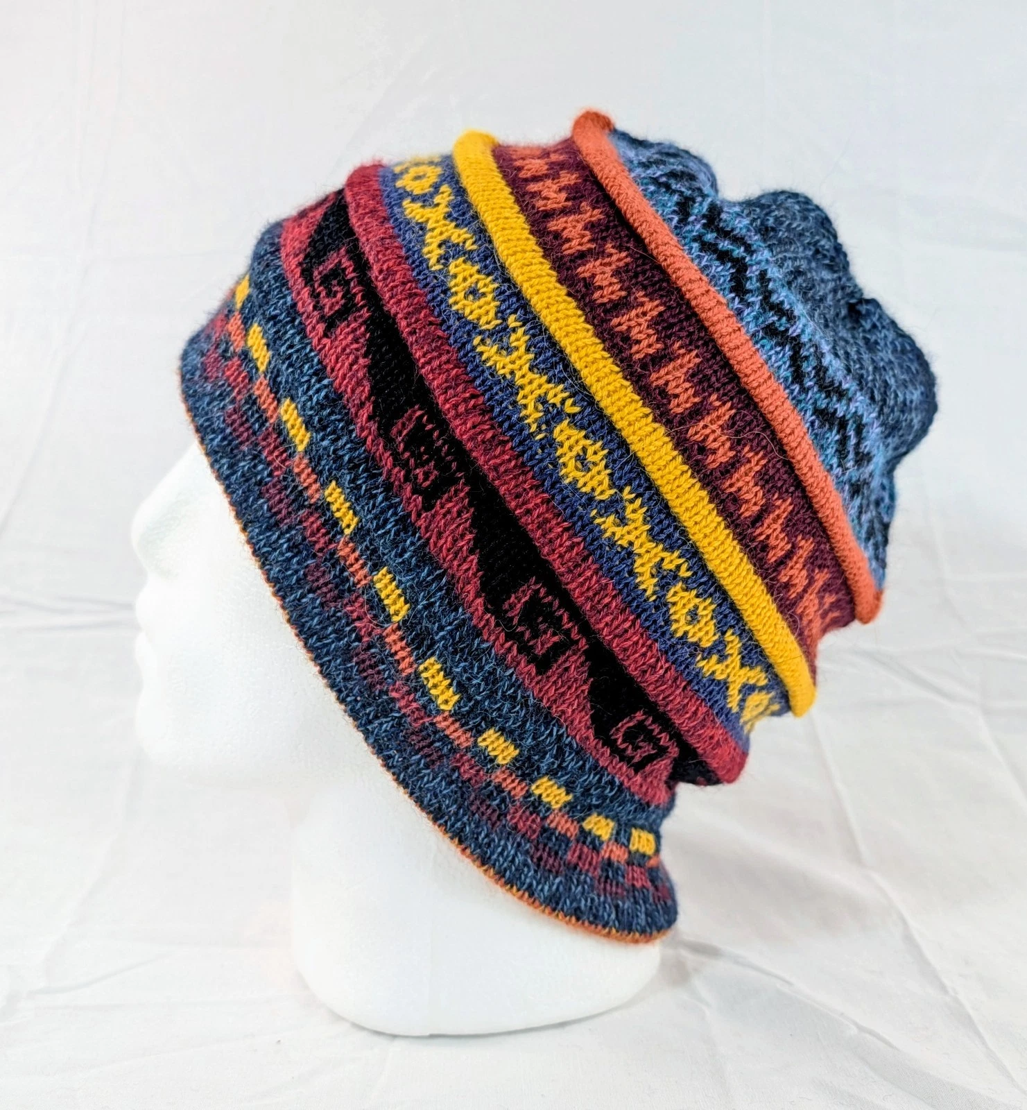 Soft Baby Alpaca Beanie Reversible Blue Orange Unisex Colorful Boho Llama Peru