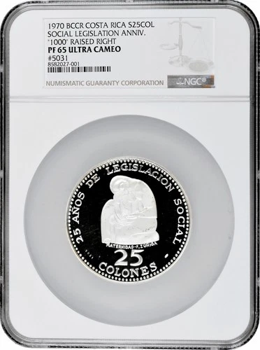 Costa Rica 25 colones 1970, NGC PF65 UC, "25th Anniv. - Social Legislation"