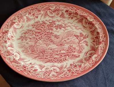Vorlegeplatte English Ironstone ''Holzwagen rot'' EIT Keramik, - Schale oval  Ø 29