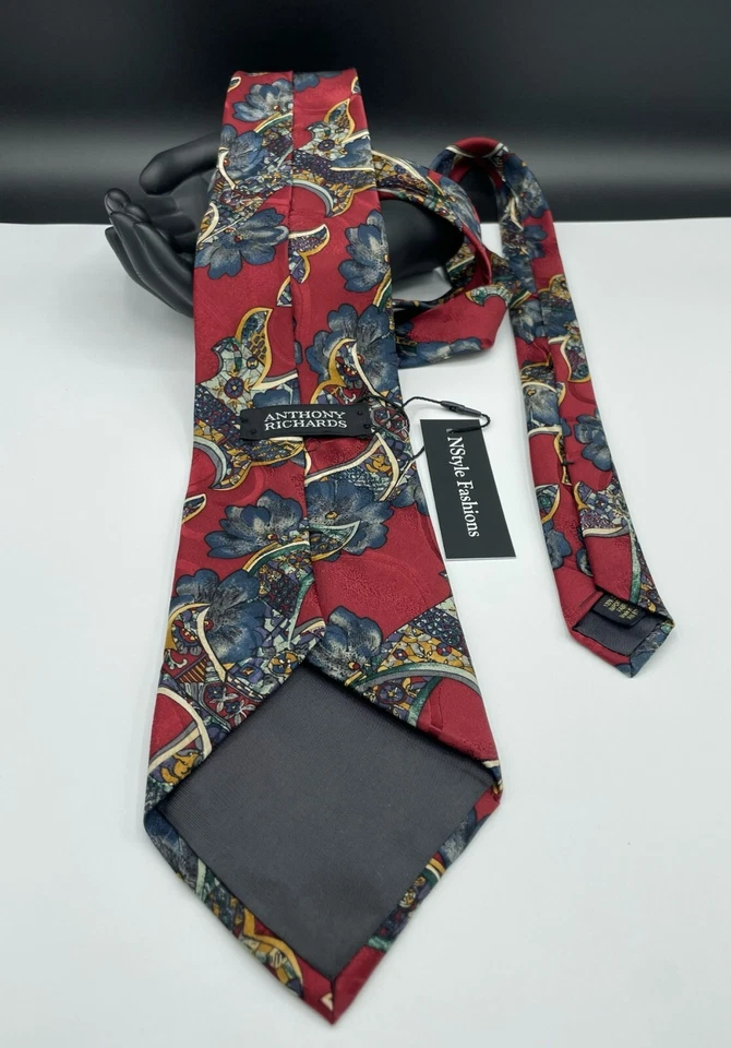Corbata 100 % seda para hombre Anthony Richards ~ roja ~ floral ~ ¡Hecha en EE. UU.! Foto 3 de 4