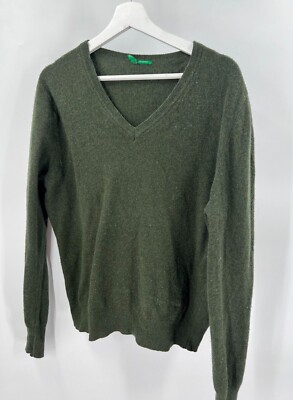 United Colors Benetton Wool Blend V Neck Sweater Military Green Mens M Classic