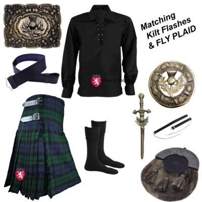 Traditionelles Kilt Outfit Set Schwarz Uhr Herren Scottish 8 Yard 16OZ 100 % Acryl