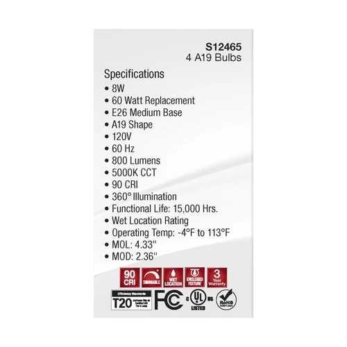 Satco S12465 - 8 Watt A19 LED Clear Light Bulbs - 5000K - (1) 4 PK - Picture 7 of 9