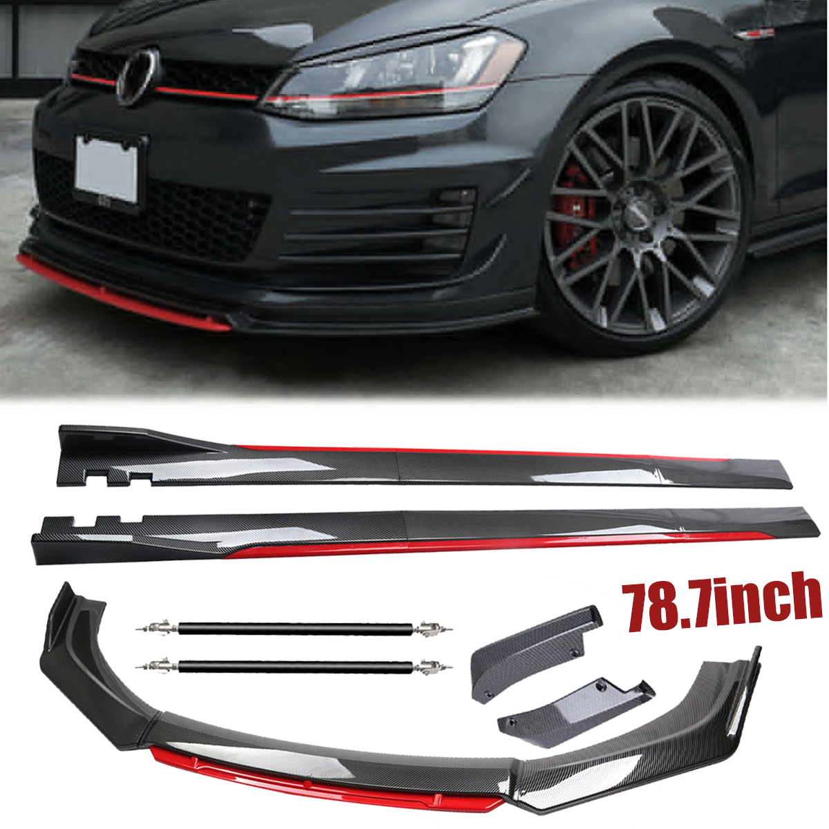 Carbon Fiber Red Front Lip Chin Bumper Side Skirt For VW Rabbit