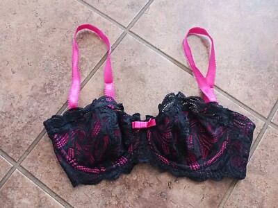 AdoreMe Black Pink Lace Bra Mesh Underwire Sexy Lingerie Unpadded Balconette 34D