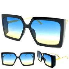 Oversize Vintage Retro Style SUNGLASSES Square Black Gold Frame Blue Yellow Lens