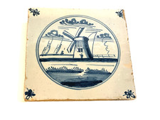 18th C. Dutch Delft Blue  White Tile Coastal Landscape w. Windmill Sail Boats
