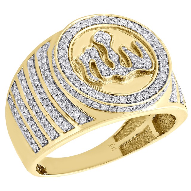 10K Yellow Gold Diamond Islamic Allah Arabic Step Shank Pinky Ring Band