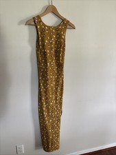PACT Dress Sz S Mustard Yellow Floral Print Sleeveless Cut Out Back Maxi Organic