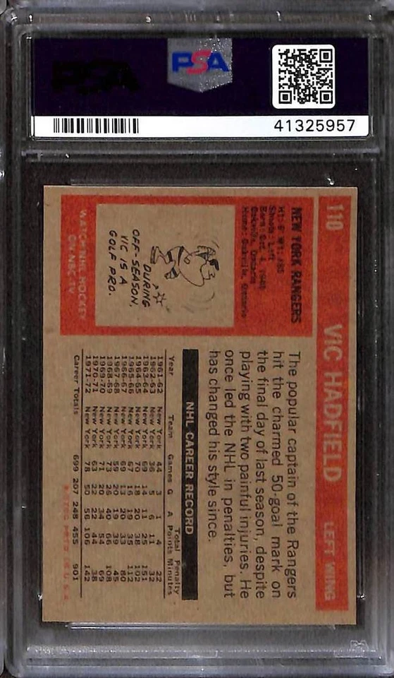 1972 Topps #110 VIC HADFIELD PSA 10 GEM-MT 41325957  - Image 2 of 3