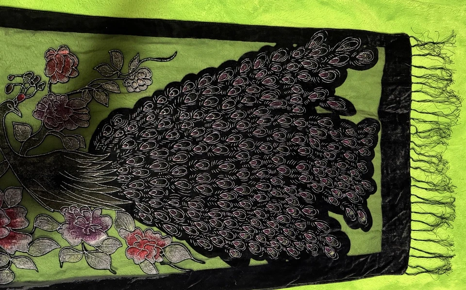 DE COLECCIÓN CHAL PAVOS REALES ENVOLTURA BURNOUT CUENTAS TERCIOPELO GRANDE Y SEDA 68x21 Foto 3 de 4