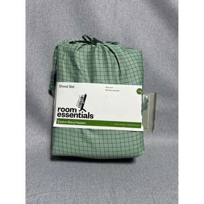 Room Essentials Full Sheet Set Green Grid Cotton Blend Sateen 4 Piece Bedding